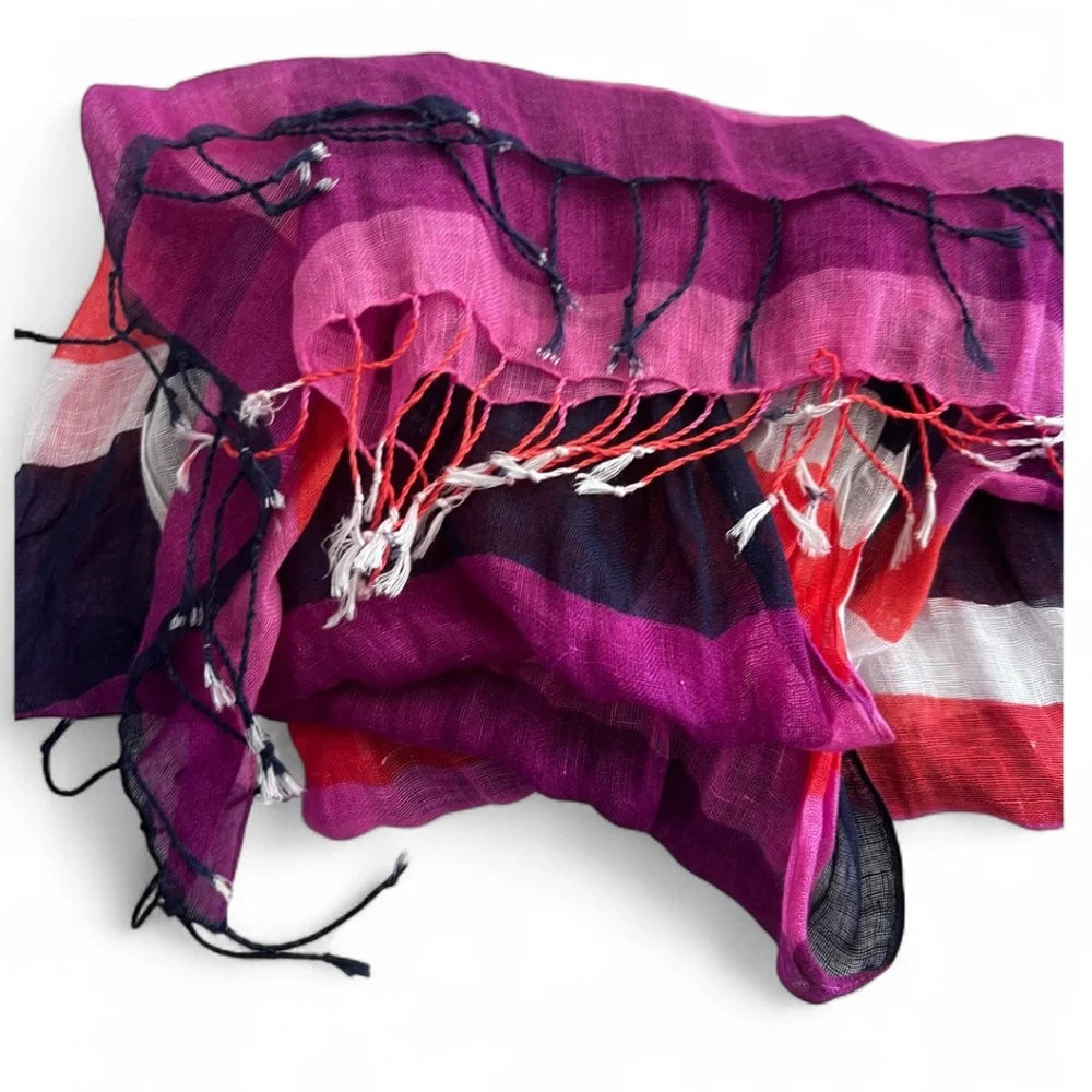 Talbots Lightweight Striped Scarf Pink Purple Navy White Fringe Wrap Shawl